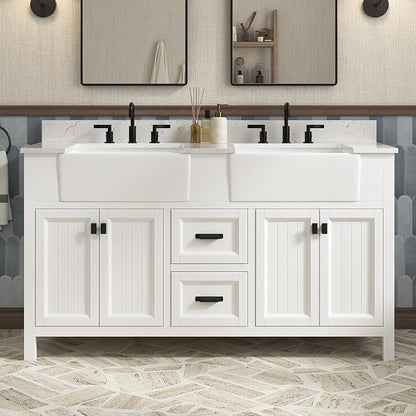 60 Inch Bathroom Vanity with Double Sink, Farmhouse Bathroom Vanity Cabinet with Soft Closing Doors & Dovetail Drawers, Vanity for Bathroom, Adjustable Feets, Apron Farm Sink, White