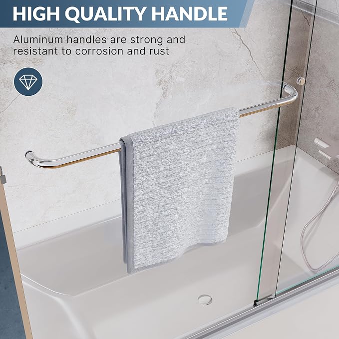 SUNNY SHOWER Bathtub Door Double Glass Sliding Shower Tub Door 60" W x 57.4" H Semi-Frameless 1/4" Clear Glass Shower Enclosure Doors for Bathroom, Chrome Finish