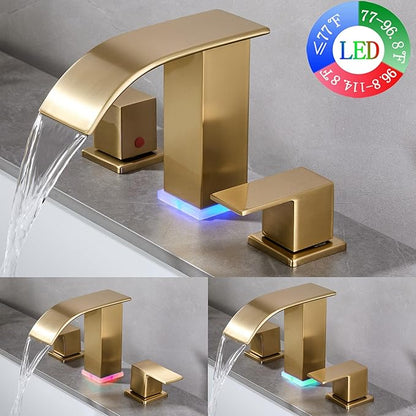 Brushed Gold Bathroom Faucet 3 Hole Widespread Waterfall Vanity Faucet for Bathroom Sink, Modern Touch on Two Handle Gold Faucet (Brushed Gold)
