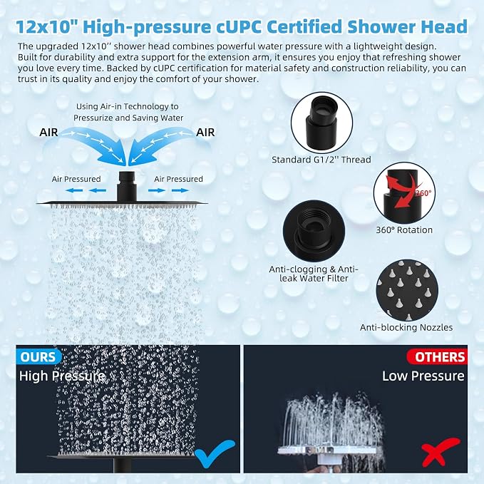 Hibbent All Metal CUPC Certified 12'' Rainfall Shower Head, Dual Shower Head Combo, High Pressure Handheld 4 Sprays Shower Wand, 16'' Adjustable Extension Arm, 71'' Hose, Shower Holder, Matte Black