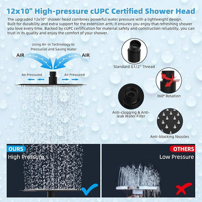 Hibbent All Metal CUPC Certified 12'' Rainfall Shower Head, Dual Shower Head Combo, High Pressure Handheld 4 Sprays Shower Wand, 16'' Adjustable Extension Arm, 71'' Hose, Shower Holder, Matte Black