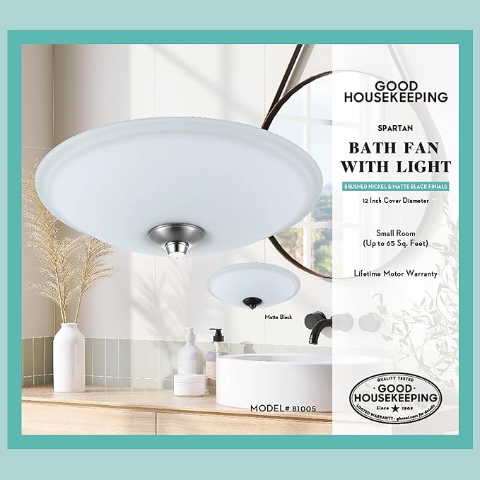 Good Housekeeping (81005) Spartan 70 CFM 2.0 Sones Decorative Bathroom Ventilation Exhaust Fan with Light (2 Finials Included)