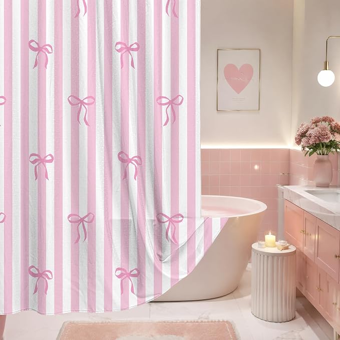 Tititex Cute Candy Cane Striped Pink Bow 140gsm Faux Linen Fabric Shower Curtain, White Pink Elegant Classic Shower Curtain Sets Decoration 72x72 Inch with Hooks