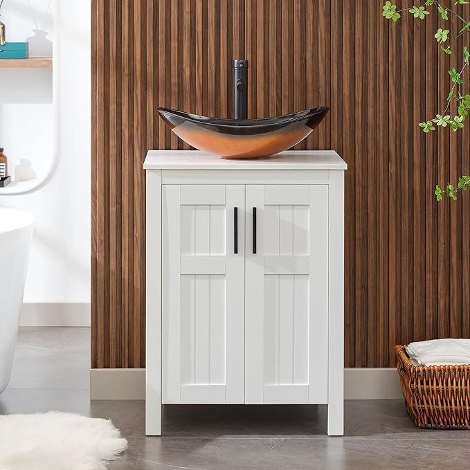 UEV White 24" Bathroom Vanity with Sink Combo,Modern Freestanding Sink Cabinet,Stylish Bathroom Vanity Cabinet,Grooved Double Doors,Metal Handles,Modern Brown Boat Tempered Glass Vessel Sink (029BR)