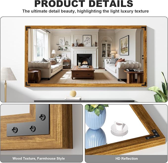 Hasipu Farmhouse Bathroom Mirror, 60"x30" Rustic Wood Framed Wall Mounted Mirror, Walnut Vintage Vanity Mirror Modern Farmhouse Style Decrative Mirrors