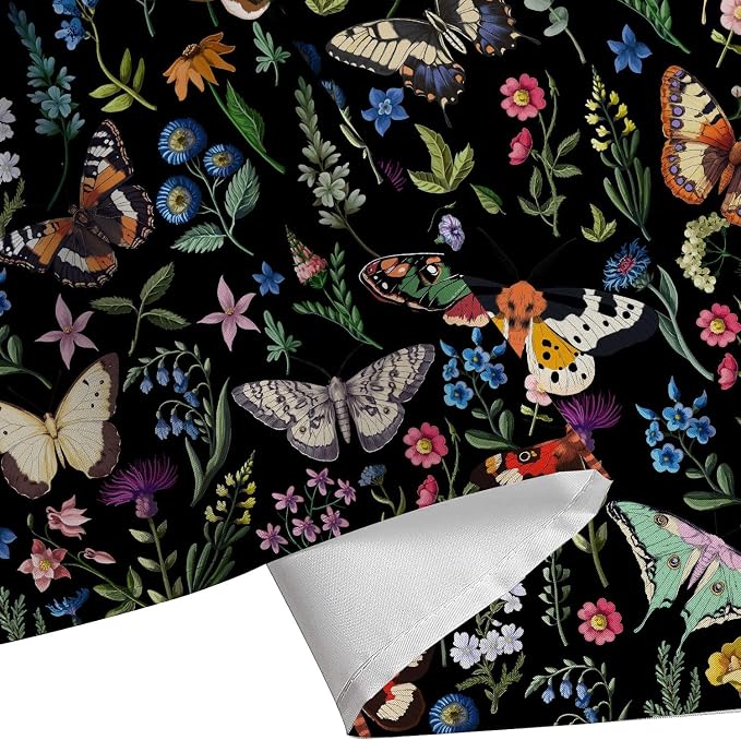 Boho Butterfly Floral Shower Curtain, Bright Abstract Bohemian Plant Flower Botanical Moth, Black Modern Aesthetic Chic Fabric Shower Curtain Bathroom Accessories 12 Pack Hooks, 72X78