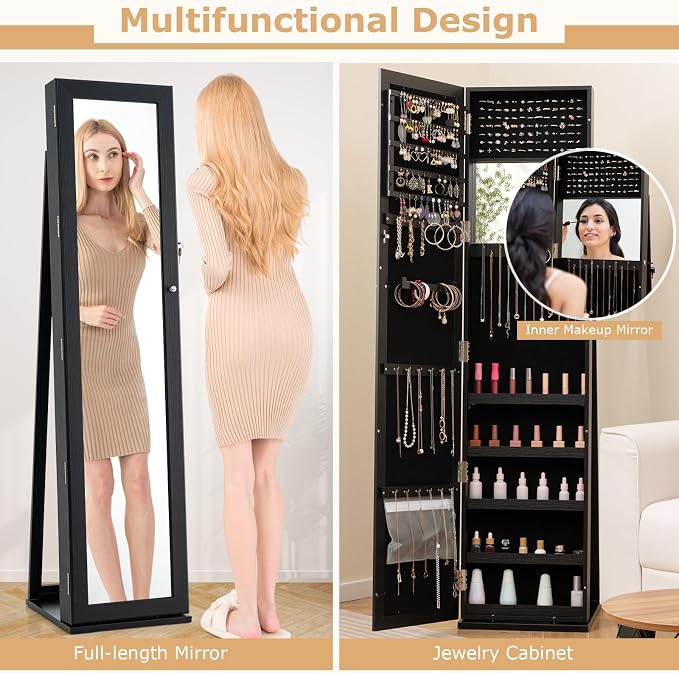CHARMAID Jewelry Armoire Cabinet with 62" Tall Full Length Mirror, Lockable Standing Jewelry Organizer with Large Storage Capacity, Inside Makeup Mirror, Stable Base, Easy Assembly (Black)