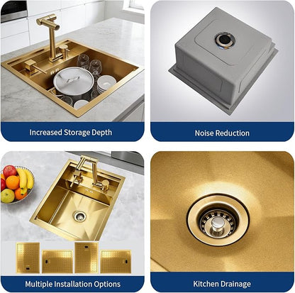 Gold Bar Sink, 17.32×14.17×7.87 Inch Small Portable Utility Single Bowl Outdoor Camper RV Kitchen Sink with Foldable Faucet and Cover Plate