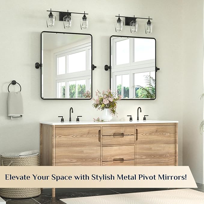 Keonjinn 24x30 Inch Black Povit Mirror for Bathroom, Tilt Mirror | Tenmpered Glass, Rectangle, Adjustable Bathroom Mirrors for Over Sink, Farmhouse, Metal Framed, Horizontal/Vertical