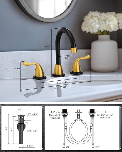 ARCORA Bathroom Sink Faucet 3 Hole - 8 Inch Widespread Bathroom Faucet 2 Handle Vanity Faucet with Pop Up Drain and cUPC Supply Lines, Black and Gold Bathroom Faucet
