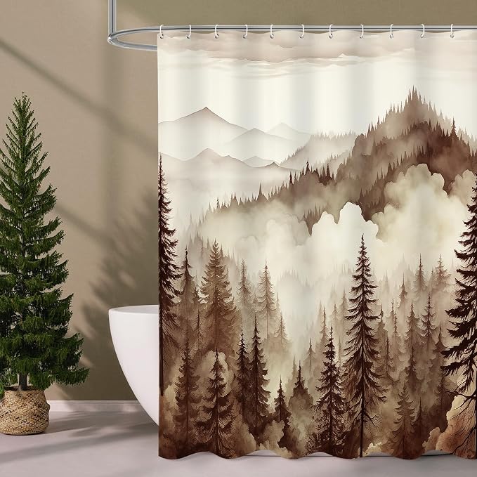 Litabel Brown Extra Long Misty Pine Forest Shower Curtain 72 x 84, XL Tan Mountain Foggy Woodland Scenery Tree Shower Curtains for Bathroom, Abstract Waterproof Nature-Themed Decor