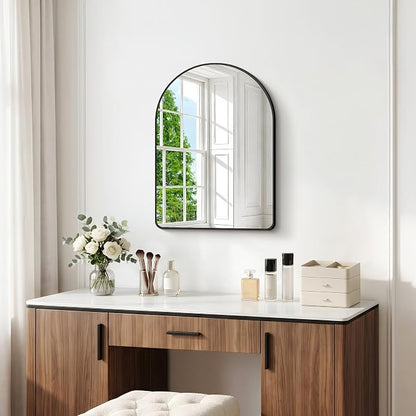 BONEWEI Arched Wall Mirror,24x30 inch Black Arched Mirror Bathroom,Vanity Mirror for Over Sink Metal Frame,Tempered Glass Arch Mirrors for Bedroom,Entryway,Living Room,Home Decor Shatter-Proof