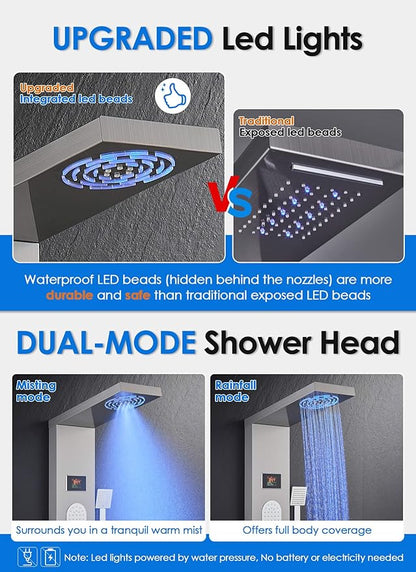 ROVOGO Shower Panel Tower System with Mist Rainfall Head, Body Jets, Handheld and Tub Spout, Hydroelectric Led Lights and Temp Display No Battery, Simultaneous Shower Column Stainless Steel, Brushed