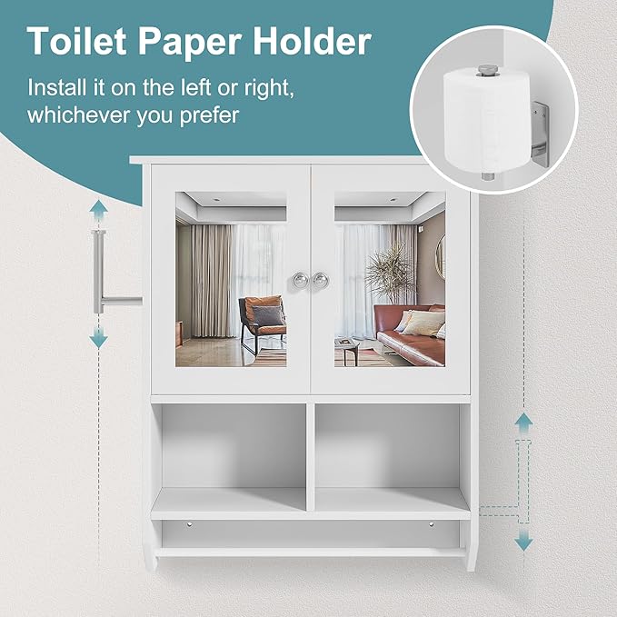 VECELO Bathroom Wall Cabinet with LED Light, Wall Mounted Medicine Cabinet with Open and Hidden Storage Space and Towel Bar for Bathroom, Kitchen, Laundry Room, White