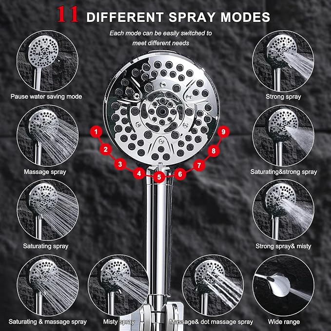 14 Inch Rainfall Shower Head with Handheld Sprayer Combo, High Pressure 10 Spray Settings Dual Shower Head System, Anti-Clog Nozzles Easy Install for Low Water Pressure Bathroom