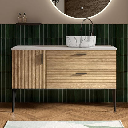 48" Fluted Bathroom Vanity with Vessel Sink, Wall-Mounted, Oak | Modern Bathroom Cabinet with Offset Carrara Sink, 2 Soft-Closing Drawers & 1 Door, Engineered Stone Countertop