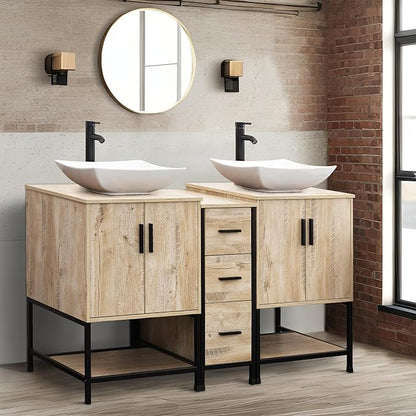 UEV Rustic Oak 60" Double Bathroom Vanity with Sink Combo,Industrial Iron Frame 2 Main Bathroom Vanity with Middle 3 Drawers Cabinet,Modern Artistic Ceramic Vessel Sink(032WH)