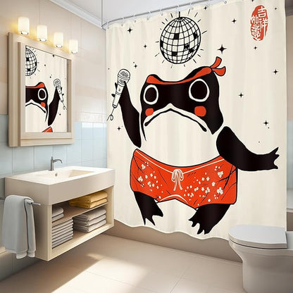 LGhtyro Funny Frog Shower Curtain Bathroom Set 60Wx71H Inches Retro Asian Style Traditional Japanese Art Animal Lantern Ball Microphone Bath Accessories Cute Art Home Decor Fabric 12 Pack Hooks