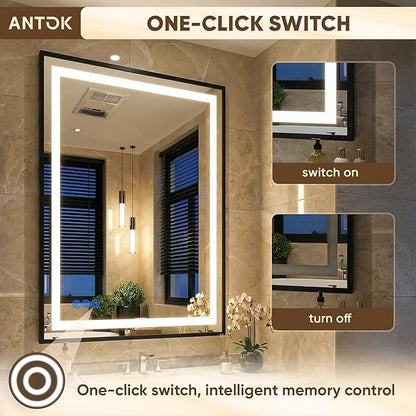Antok 24X32 LED Bathroom Mirror with Lights, Vanity Mirror for Wall with Black Frame, Touch Control, Anti-Fog, Dimmable Lights, Shatter-Proof, Memory Function, Wall-Mounted Vanity Mirrors