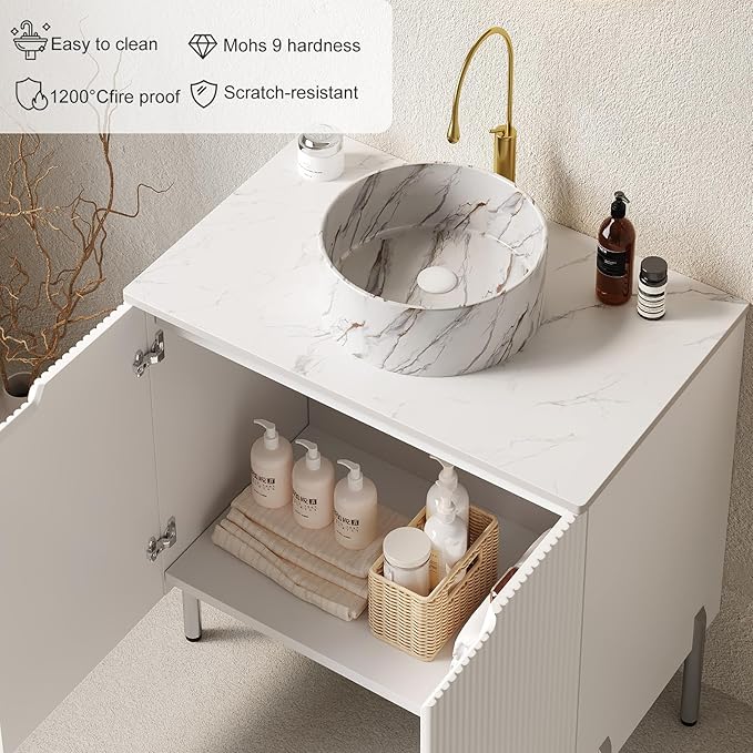 30-Inch Bathroom Vanity with Sink, Freestanding Bathroom Vanities with Marble Ceramic Basin and Sintered Stone Countertop, Soft Closing Door, Modern Bathroom Cabinet, White