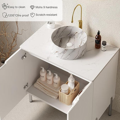 30-Inch Bathroom Vanity with Sink, Freestanding Bathroom Vanities with Marble Ceramic Basin and Sintered Stone Countertop, Soft Closing Door, Modern Bathroom Cabinet, White