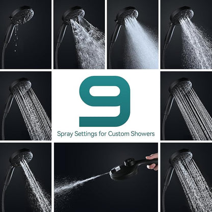 Foldable Rainfall Shower Head 9 Spray Settings/Modes Handheld Showerheads | High Pressure Shower Heads with Handheld Spray Combo, Built-in Magnetic Docking, Power Jets, Stainless Steel Shower Hose