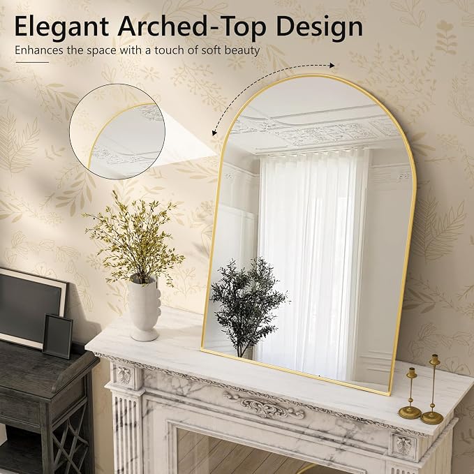 Arched Bathroom Mirror for Wall, 36" x 24" Metal Frame Vanity Mirror, Gold | Aluminium Alloy Frame, HD Shatterproof Glass, for Bathroom Over Sink , Entryway, Bedroom, Living Room