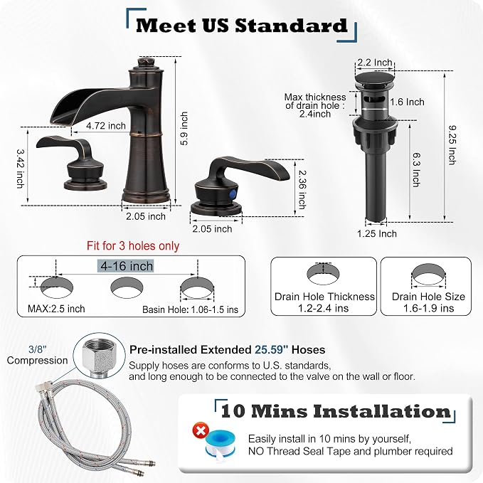 4-16 Inch Widespread Faucet Bronze Waterfall Bathroom Faucet 3 Hole Bathroom Sink Faucet, Brass Bath Faucets for Sink Two Handle Vanity Faucet with Drain and Supply Water Hose