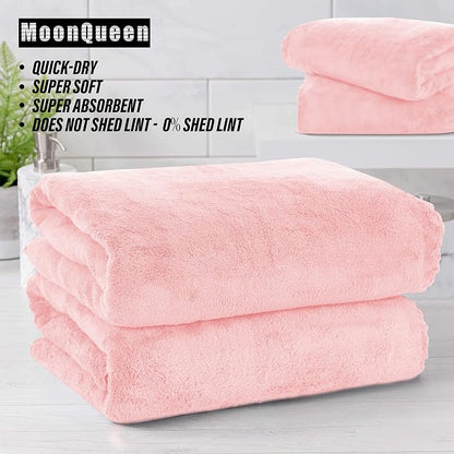 MOONQUEEN 2 Pack Premium Bath Towel Set - Quick Drying - Microfiber Coral Velvet Highly Absorbent Towels - Multipurpose Use as Bath Fitness, Bathroom, Shower, Sports, Yoga Towel (Pink)