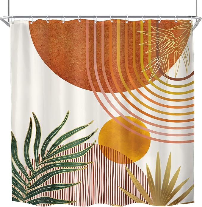 Mid Century Orange Boho Abstract Retro Gold Bathroom Shower Curtain Set | 72Wx78H Contemporary Arch design, waterproof HD print with fast-drying fabric and 12 hooks.