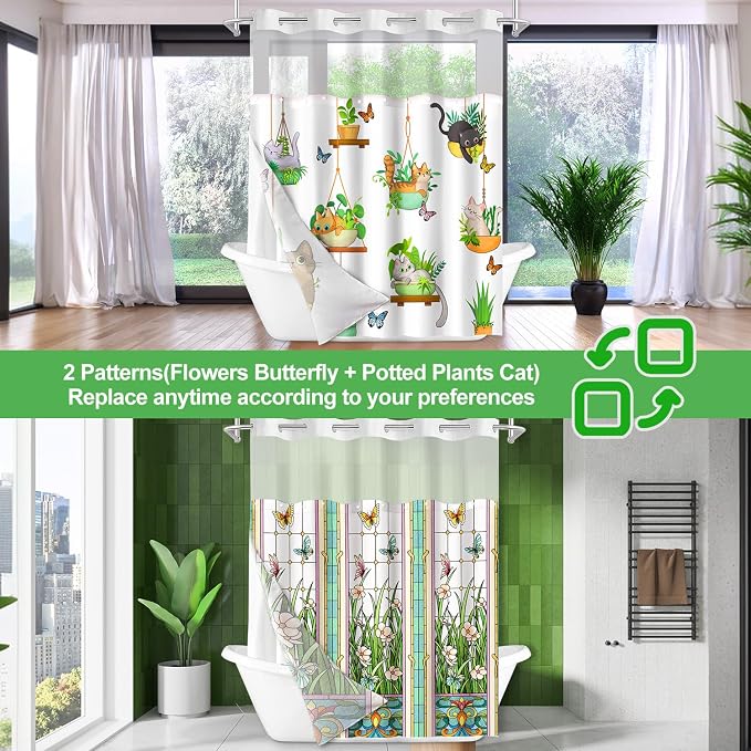 No Hook Shower Curtain Snap in Liner with 2 Replaceable Curtain Panels Pattern Waterproof Fabric Washable Shower Curtain Set for Bathroom Bathtub, Hotel Style with See Through Mesh Top Window 71 x 74"