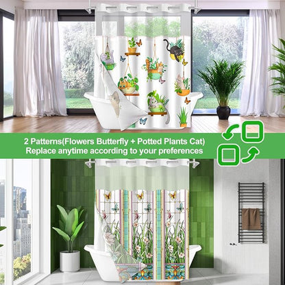 No Hook Shower Curtain Snap in Liner with 2 Replaceable Curtain Panels Pattern Waterproof Fabric Washable Shower Curtain Set for Bathroom Bathtub, Hotel Style with See Through Mesh Top Window 71 x 74"