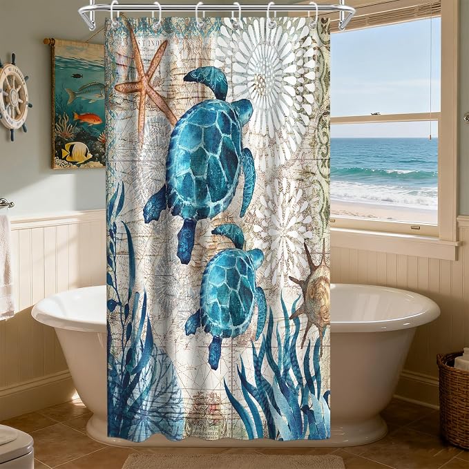 Nautical Ocean Beach Shower Curtain, Cute Coastal Sea Turtles Shower Curtains for Bathroom, Waterproof Bath Curtain with Hooks Machine Washable Bathtub Curtains 36x72 Inch Blue Teal