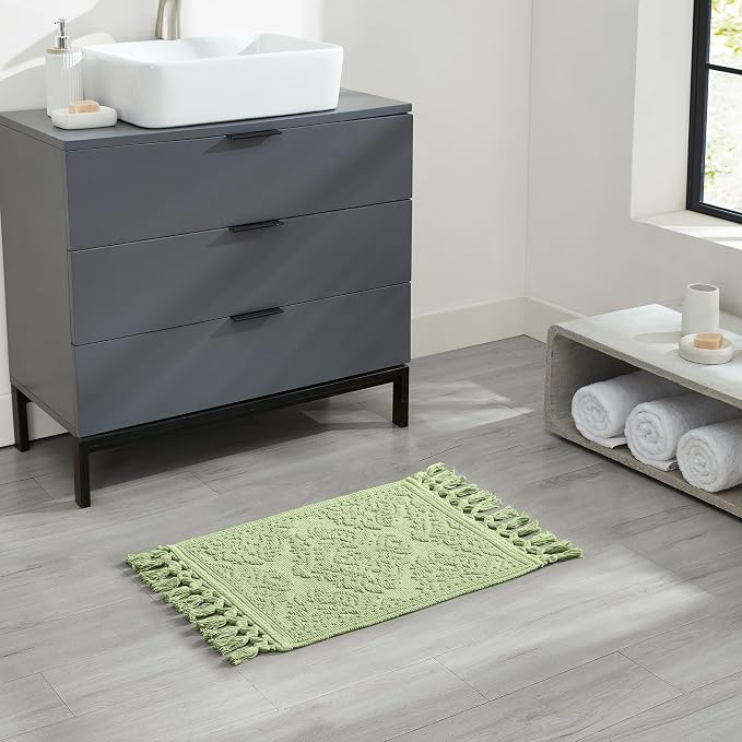 Jean Pierre - Ricardo Bath Mat, Woven Fringe Bathroom Rugs, 100% Cotton, Premium Bathroom Decor - Measures 21" x 41" - Sage Green