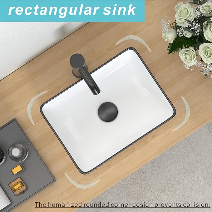 J-FAMILY 14.5'' x 10.6'' Small Vessel Sink Bathroom Above Counter White Porcelain Ceramic Rectangular Sink Bowl Black Trim Decoration Small Vanity Sink Lavatory Wash Basin
