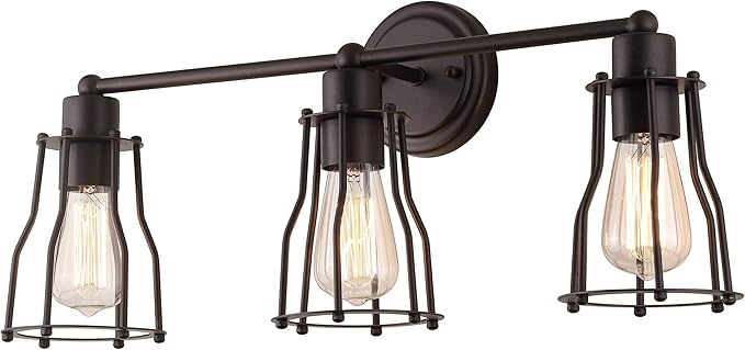 JONATHAN Y 24" Oil Rubbed Bronze Modern Industrial Metal Vanity Light, Bathroom Sconce for Mirror, Reversible 3-Light Wall Lamp with Metal Cage Shade for Hallway, LED Bulb Included (JYL7421A)