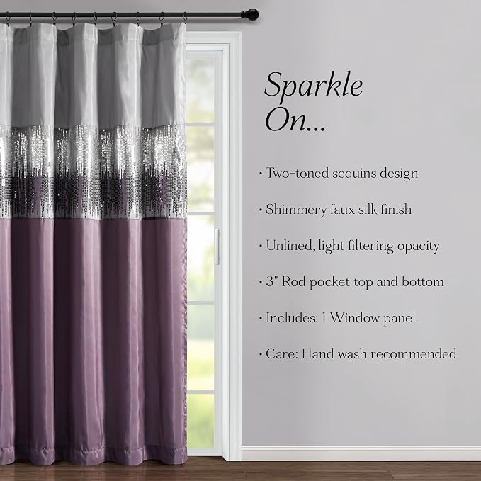 Lush Decor Night Sky Window Curtain Panel, Single 100"W x 84"L Purple & Gray - Sequin Backdrop Curtain - Extra Wide Curtains - Sliding Door Curtain