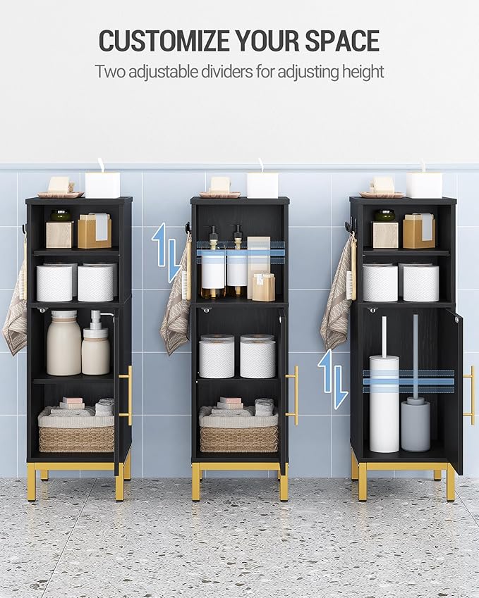 Bathroom Storage Cabinet, Corner Floor Cabinet with Door & Shelves, 2Hooks, Small Narrow Storage Organizer, Toilet Paper Cabinets for Small Space, Black SC06304GV1