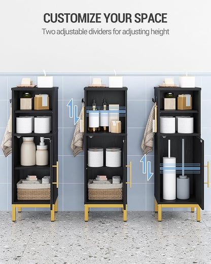 Bathroom Storage Cabinet, Corner Floor Cabinet with Door & Shelves, 2Hooks, Small Narrow Storage Organizer, Toilet Paper Cabinets for Small Space, Black SC06304GV1