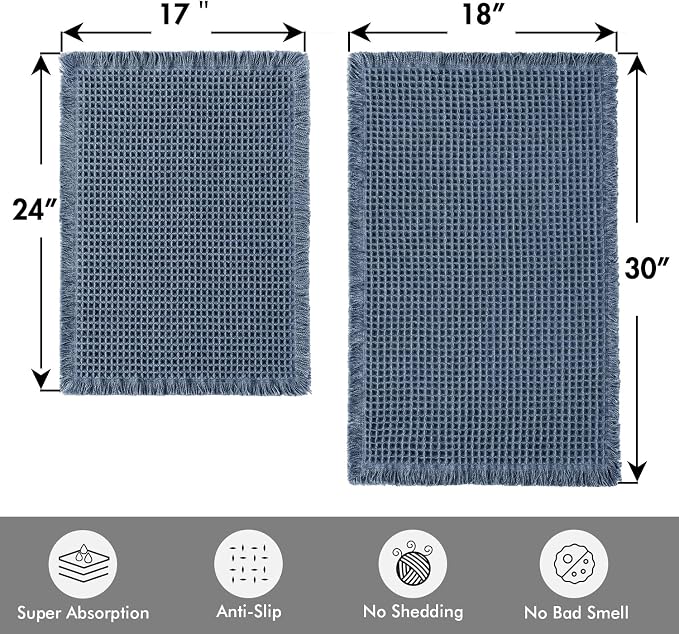 MIULEE Set of 2 Waffle Bathroom Rugs Boho Bath Mat Blue 17"x24"+18"x30" | Non Slip, Super Absorbent, Washable, Ultra Soft, Rubber Backed, Small Bath Rugs for Bathroom Floor Tub Shower