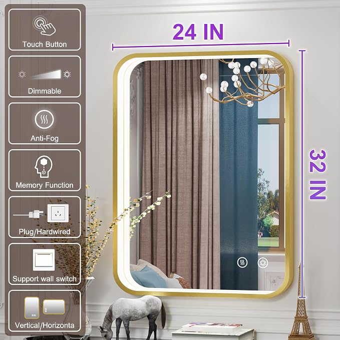 24x32 Inch Gold LED Bathroom Mirror with Lights,3000K/4500K/6000K | Stepless Dimmable, Memory Funtion,Anti-Fog, Aluminum Frame Wall Mount Lighted Bathroom Vanity Mirror, ETL Listed, Waterproof