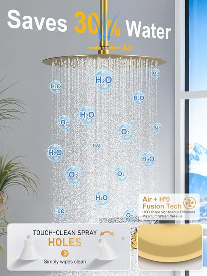 Woindo Shower Faucet Set with Slide Bar, 12" Rain Shower Head/8'' Side Shower Head and 10 Setting Handheld Ceiling Mount 3 Push Button Diverter Complete Rainfall Shower System Included Valve Trim Kit