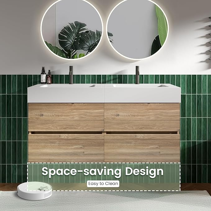 48" Floating Bathroom Vanity with Sink Combo, Modern Floating Double Sink Bathroom Vanity with Solid Surface Tops & 4 Soft-Closing Drawers, Large Storage for Powder Room, Apartment, Rough Oak