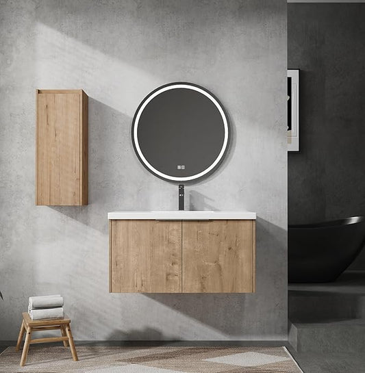 Henf 36" Floating Bathroom Vanity with Sink for Compact Space, Brown Wall Mount Bathroom Vanity Cabinet with Sink Combo, 36 Inch Bathroom Vanities Set with Side Cabinet Floating Cabinet