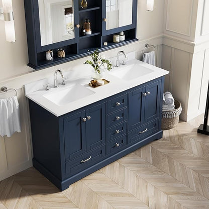 WELLFOR 60" Bathroom Vanity with Double Sinks, Bathroom Freestanding Vanity W/4 Soft-Close Doors and 6 Drawers, Large Storage Space Vanity, Bathroom Vanity with Cultured Marble Countertop (Navy Blue)