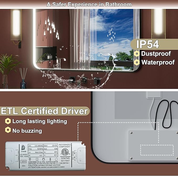 48"x36" Black LED Bathroom Mirror with Lights, 3000K/4500K/6000K | Stepless Dimmable, Memory, Anti-Fog, Aluminum Frame Wall Mounted Lighted Bathroom Vanity Mirror, ETL Listed, IP54 Waterproof