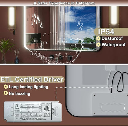 48"x36" Black LED Bathroom Mirror with Lights, 3000K/4500K/6000K | Stepless Dimmable, Memory, Anti-Fog, Aluminum Frame Wall Mounted Lighted Bathroom Vanity Mirror, ETL Listed, IP54 Waterproof