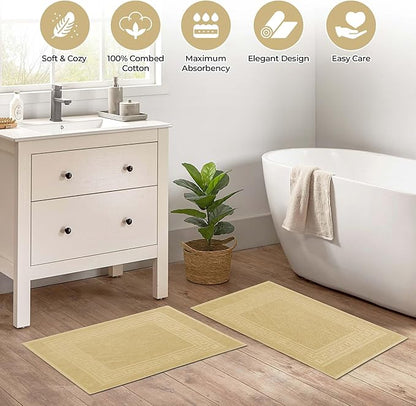 Superior Heavyweight Cotton Bath Mats, Bath Rugs For Bathroom Accessories, Washable Rug For Shower, Bath, Toilet, Modern Decor, No Backing, Luxury Hotel And Spa Quality, Set of 2, 22" x 35", Canary