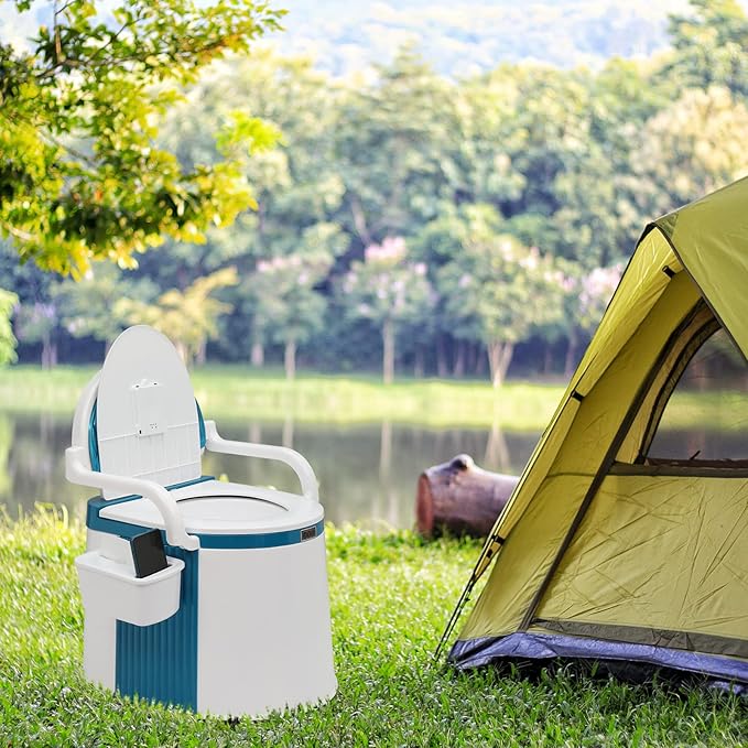 VINGLI Portable Toilet | Back & Handrail Design Commode with 5 Gallon Bucket Inner, Camping RV Toilet for Adult, Kids, Home, Boat, Van, Travel, Plastic, Blue & white