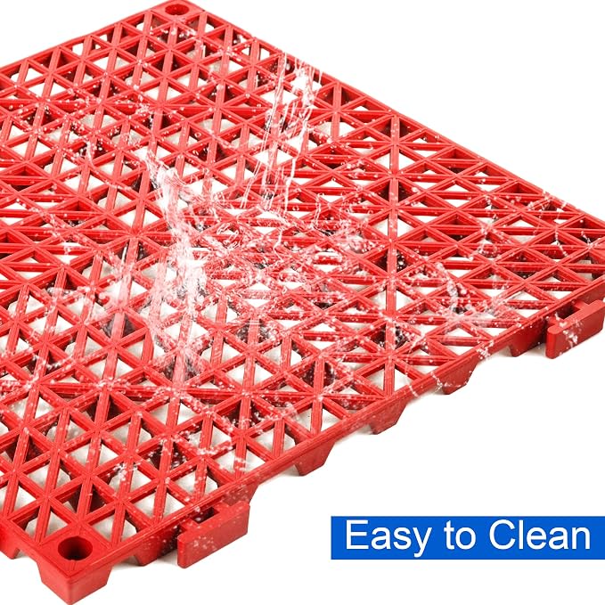 Modular Interlocking Cushion 12 Pack 11.8" x 11.8" Rubber Floor Tiles Non-Slip Splicing Drainage Mats for Deck, Pool, Outdoor Shower, Patio, Balcony, Indoor Bathroom, Kitchen, Yard (Red)